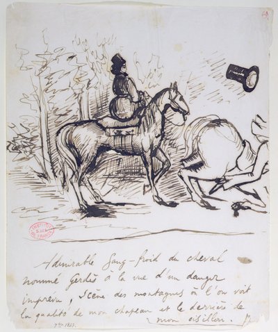 Het paard van George Sand toont koelbloedigheid achter het struikelende paard van Alfred de Musset (1810-57), september 1833 door Alfred de Musset